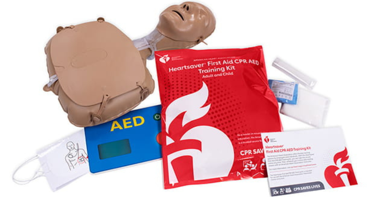 Various tools used in CPR, First-Aid and AED training.