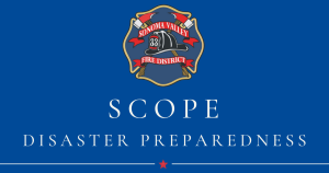 Blue rectangle with the logo for the Sonoma Valley Fire Department and the anacryonm S.C.O.P.E.
