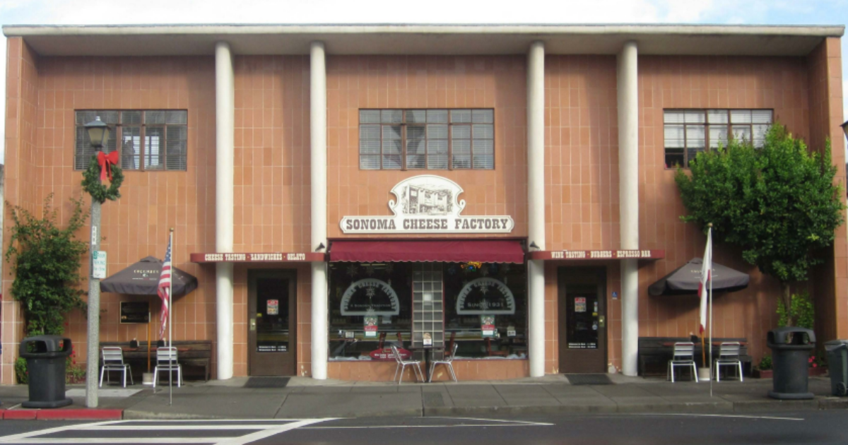 The facade of a two story commercial building known as the Sonoma Cheese Factory.