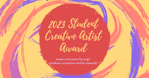 Swirls of color arranged in a circular pattern with a red circle in the middle with yellow text that says "2023 Student Creative Artist Award"