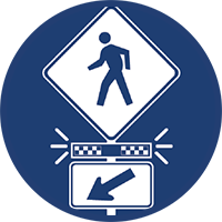 Blue icon of a crosswalk sign with flashing lights and an arrow.