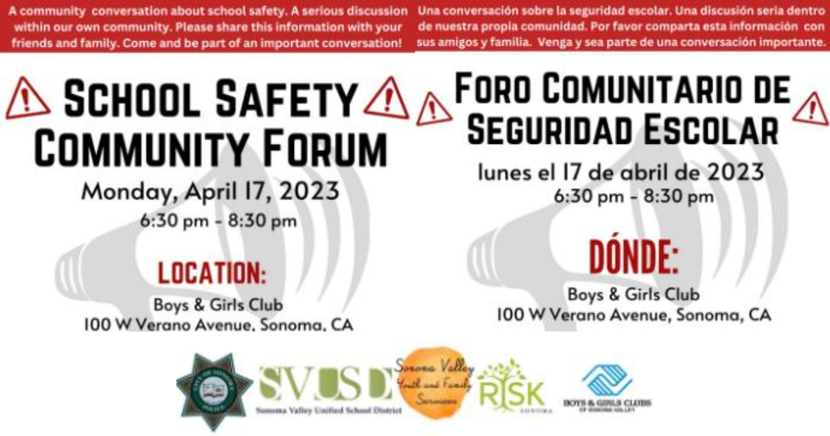 School Safety Community Forum flyer with logos of organizations that will be present.