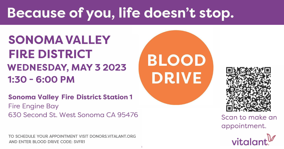 Flyer for a blood drive at the Sonoma Valley Fire District Station number 1.