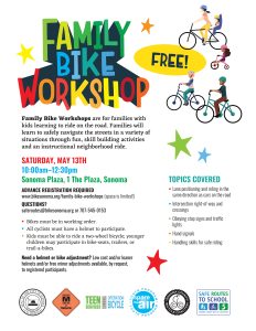 Flyer in English with Letters colored with a bright rainbow effect with graphics of adults and children on bikes wearing bike helmets.