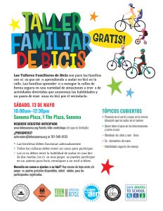 Flyer in Spanish with Letters colored with a bright rainbow effect with graphics of adults and children on bikes wearing bike helmets.