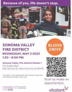 Flyer for a blood drive at the Sonoma Valley Fire District Station number 1.