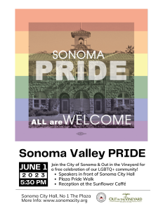 A rainbow background with a black and white image of Sonoma City Hall overlayed and event details.