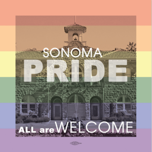 A rainbow background with a black and white image of Sonoma City Hall overlayed.