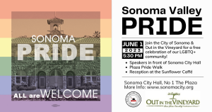 A rainbow with a black and white photo of sonoma city hall on overlayed and event details.
