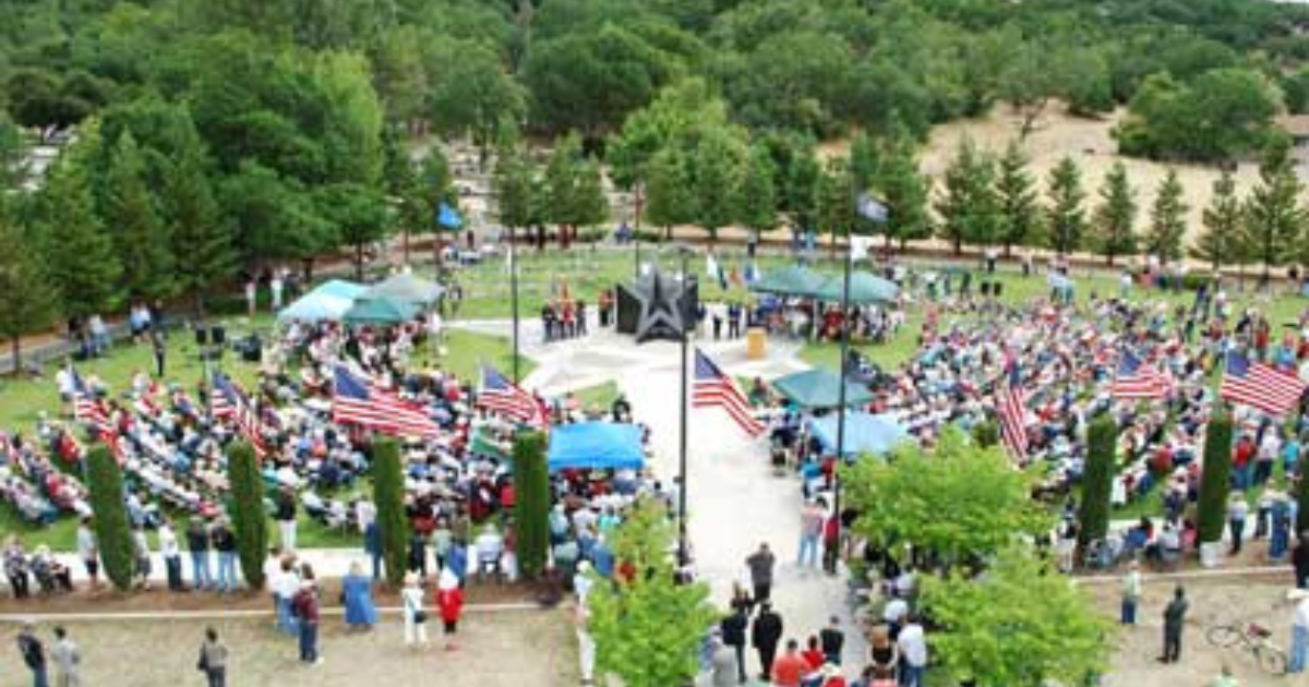 Bird's eye view of a gathering at the veterans memorial park.