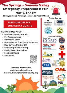 Colorful flyer advertising an emergency preparedness fair in English.