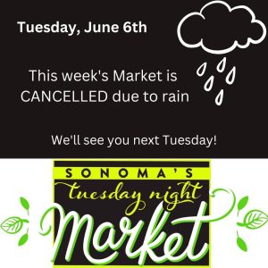 Graphic with text, the tuesday night market logo, and a drawing of a cloud with rain drops.