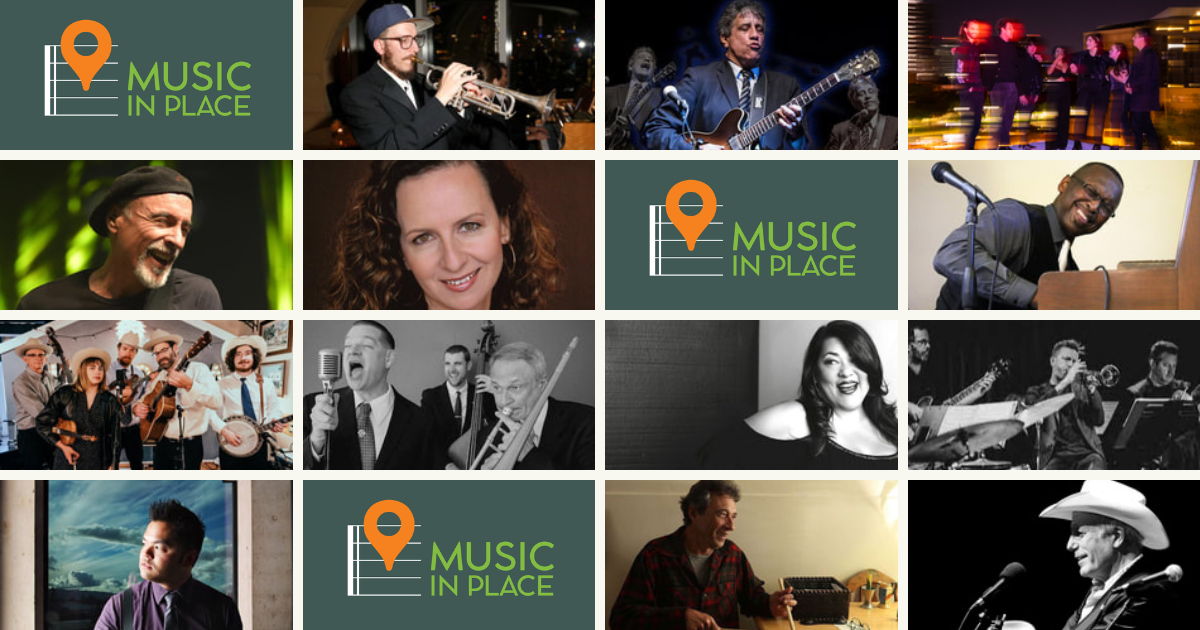 A grid of individual photos of musicians and the logo for Music in Place.
