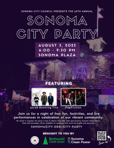 8.5x11 inch Flyer in English promoting the Sonoma City Party on August 3rd, 2023 featuring a Photo of Sonoma City Hall lit up with a stage performance in front and a crowd watching.