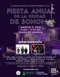 8.5x11 inch Flyer in Spanish promoting the Sonoma City Party on August 3rd, 2023 featuring a Photo of Sonoma City Hall lit up with a stage performance in front and a crowd watching.