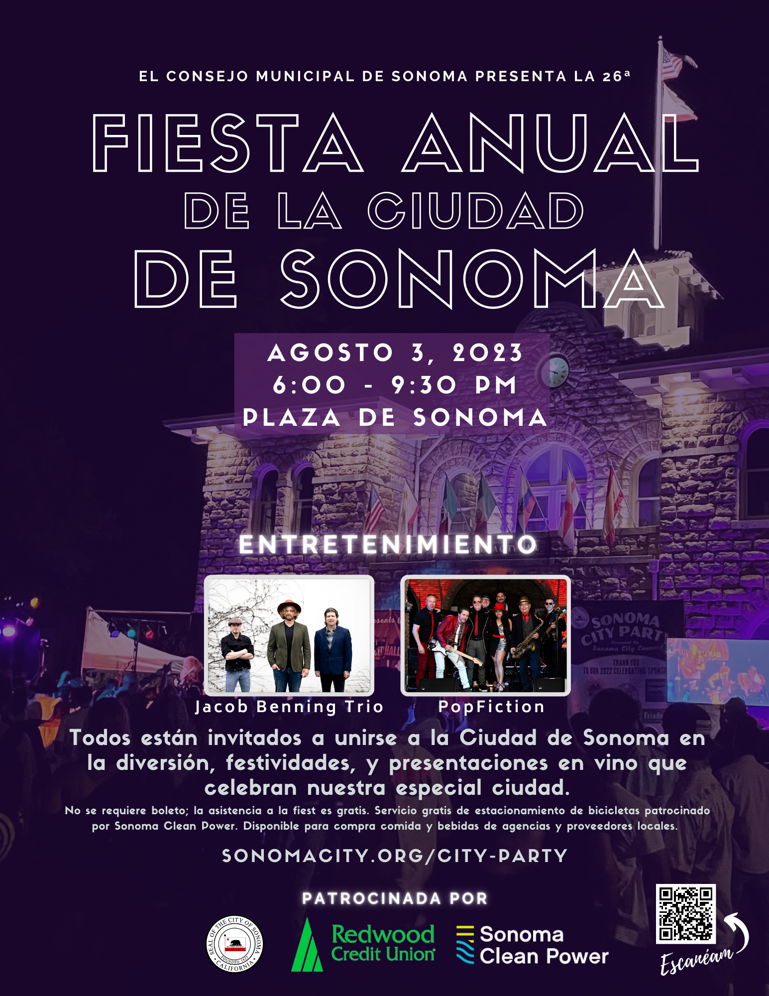 8.5x11 inch Flyer in Spanish promoting the Sonoma City Party on August 3rd, 2023 featuring a Photo of Sonoma City Hall lit up with a stage performance in front and a crowd watching.
