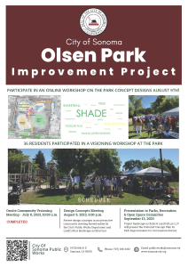 A flyer with photos from a community meeting and information about upcoming opportunities to get involved in the Olsen Park Improvement Project.