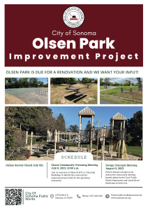 A flyer with photos of Olsen Park from different perspectives and dates for upcoming community meetings.