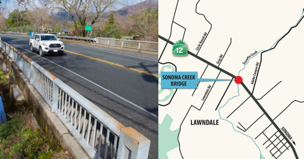 Photo of a vehicle driving across a bridge and a map with a location of a bridge on Hwy 12.