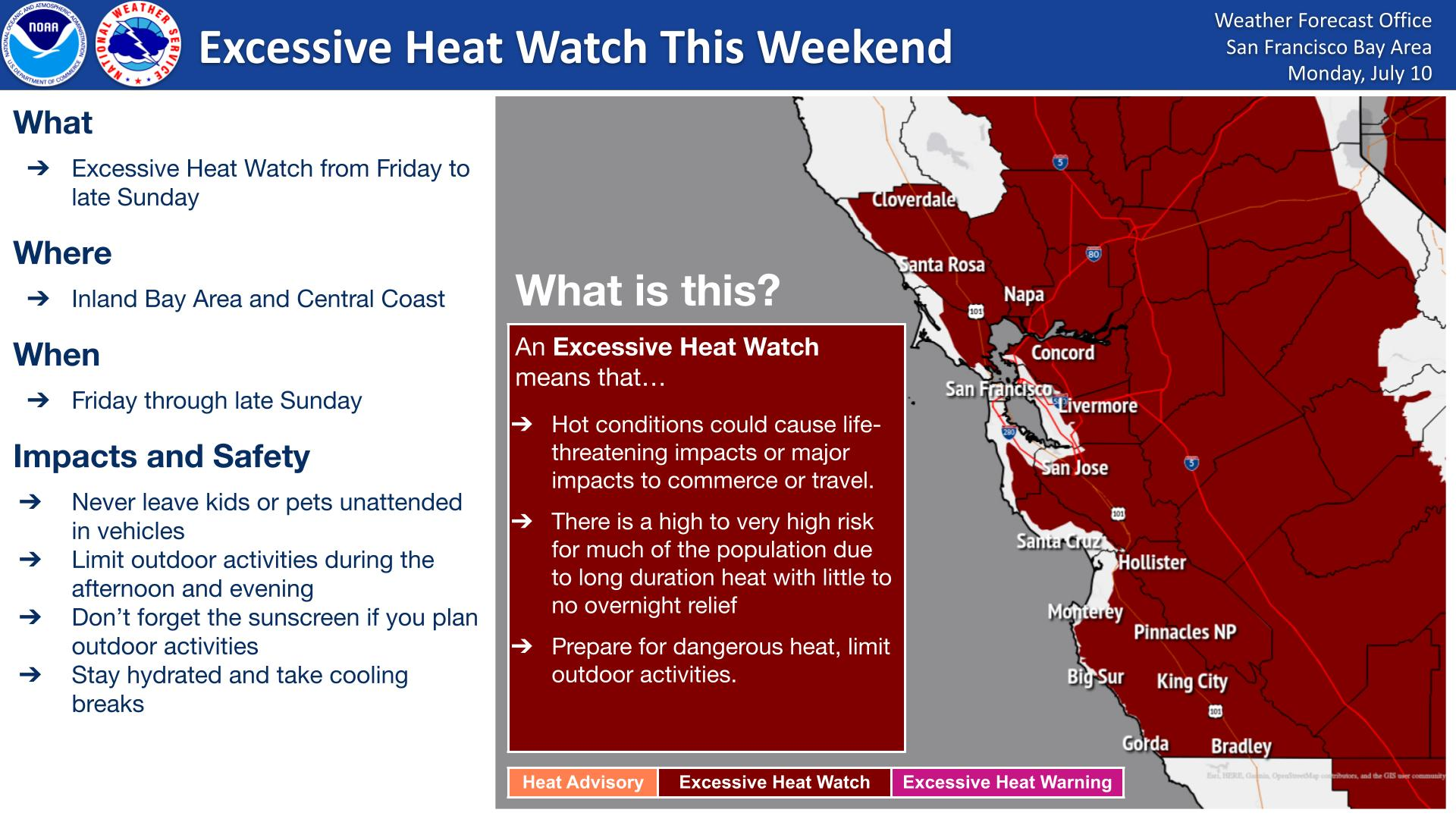 A map showing the San Francisco Bay Area with most of it identified as being at rish for excessive heat.