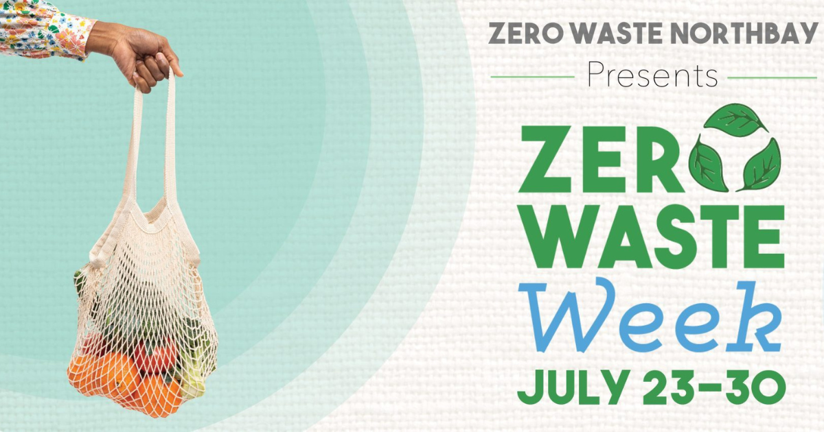 A hand holding out a reusable net back filled with produce and the logo for Zero Waste Week.