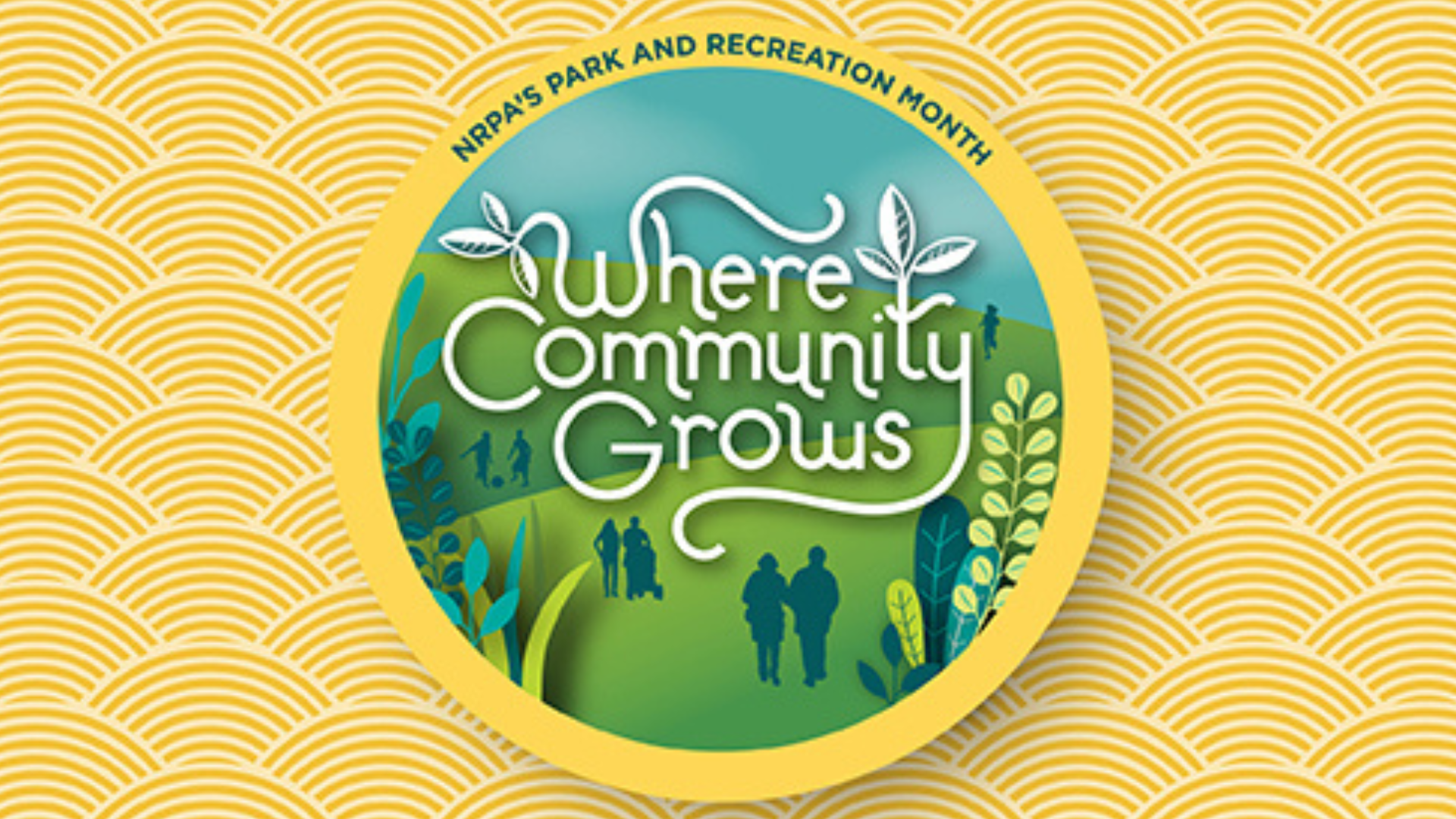 Yellow patterened background with a round logo with illustration of a green natural area with the words 'Where Community Grows'