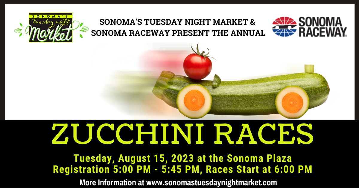 A graphic promoting the annual zucchini car races featuring a photo of a zucchini with carrot wheels.