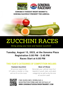 A flyer promoting the annual zucchini car races featuring a photo of a zucchini with carrot wheels.