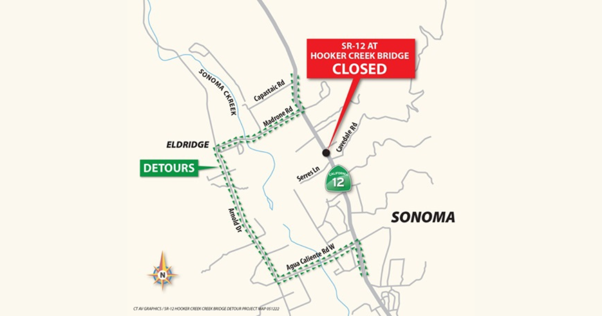 A map showing location of the Hooker Creek Bridge closure on Hwy 12 in Agua Caliente and alternate routes.
