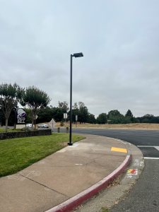 A pedestrian safety light installed on the corner of Hwy 12 and Verano Ave.