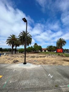 A pedestrian safety light installed on the corner of Hwy 12 and Verano Ave.