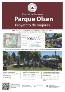 A Spanish language flyer with photos from a community meeting and information about upcoming opportunities to get involved in the Olsen Park Improvement Project.