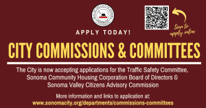 Burgundy graphic with yellow headline "City Commissions & Committees" with a list of openings and a QR code that leads to the application.