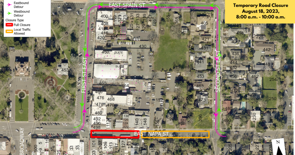 Overhead view of portion of downtown Sonoma, indicating the portion of East Napa Street that will be temporarily closed on Friday, August 18th.