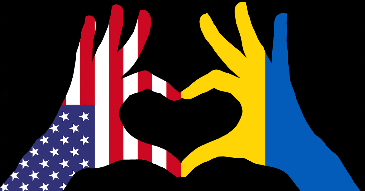 Illustration of two hands using thier index fingers and thumbs to make a heart shape. One hand is colored like the American flag and the other like the Ukrainian flag.