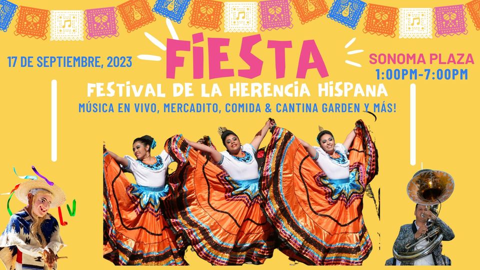 Graphic with three Foklorico dancers in brightly colored dresses and information for an event called "Fiesta"