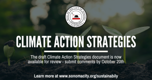 a close up view of four small plants at various stages of growth with the words "Climate Action Strategies" over it.