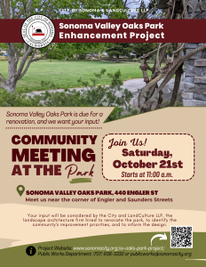 flyer with a photo of a park and information about an onsite community meeting.