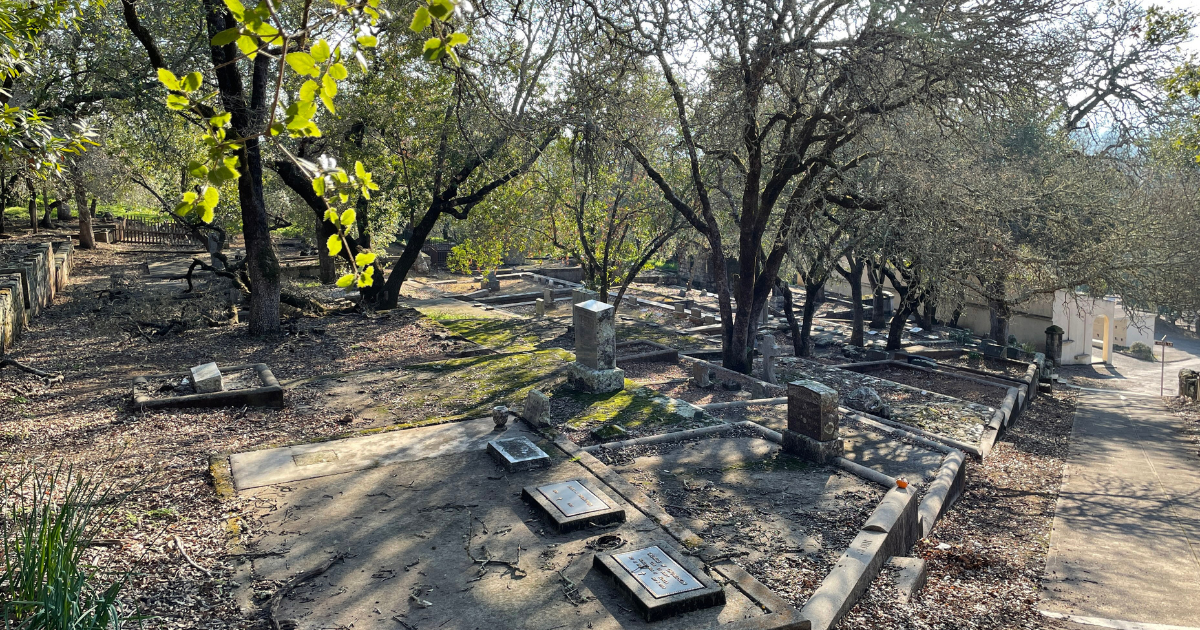 View of grave sites on a wooded hillside.