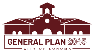 A burgundy logo with a rendering of the top floor and roof line of Sonoma City Hall with the words "General Plan 2045"