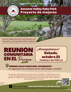 flyer in Spanish with a photo of a park and information about an onsite community meeting.