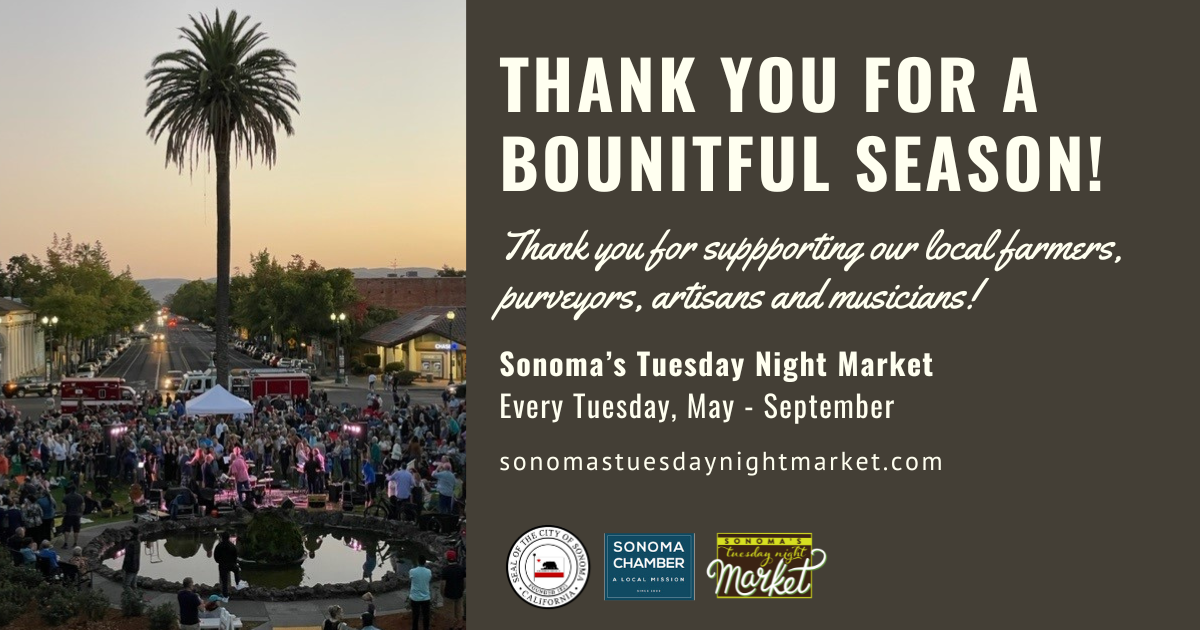 Photo of a park with a band and crowd of people at sunset with a thank you message.