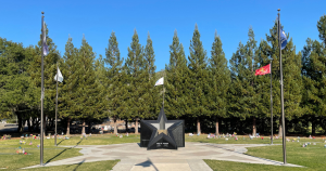 The Star of Honor Sculpture and flag poles with a row of trees in the background.