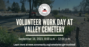 Photo of valley cemetery in background with text announcing work day.