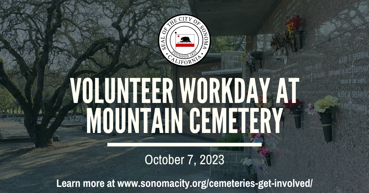 Photo of Mountain Cemetery in background with information about upcoming volunteer workday