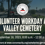 Photo of Valley Cemetery in background with information about upcoming volunteer workday