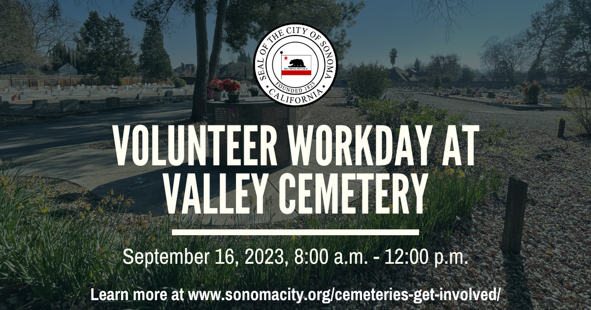 Photo of Valley Cemetery in background with information about upcoming volunteer workday