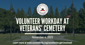 Photo of Veterans' Cemetery in background with information about upcoming volunteer workday