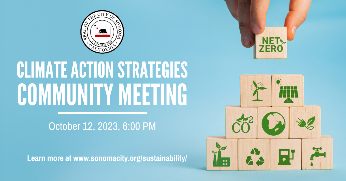 A stack of building blocks, each with a different icon of a component of climate actions with information about a community meeting.