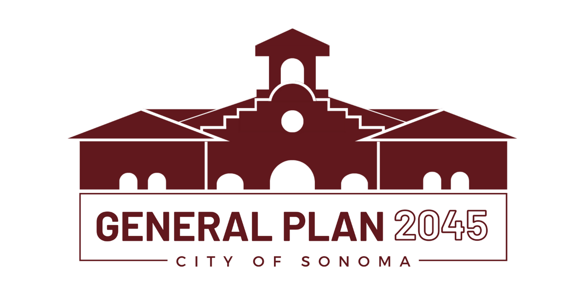 A burgundy logo with a rendering of the top floor and roof line of Sonoma City Hall with the words "General Plan 2045"